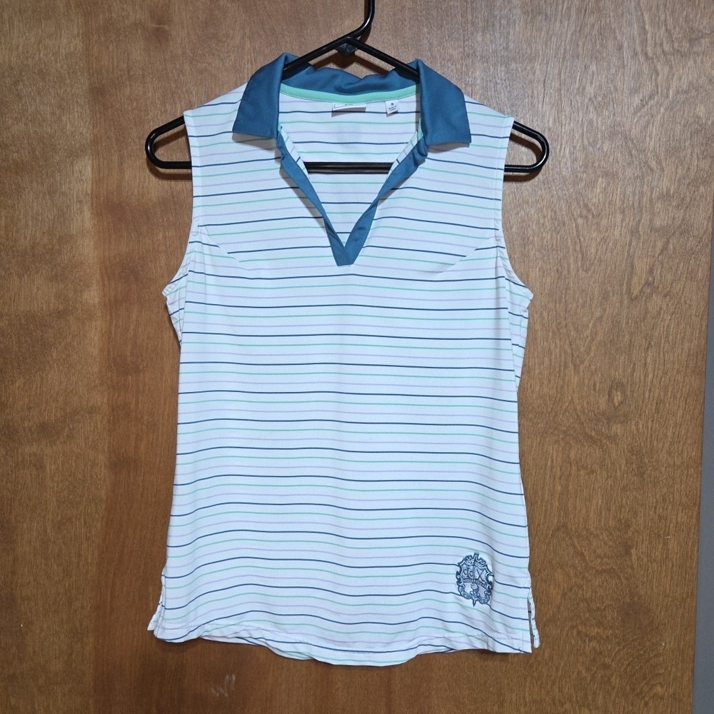FootJoy Golf Polo Shirt Small Sleeveless Striped White Blue Performance V-Neck